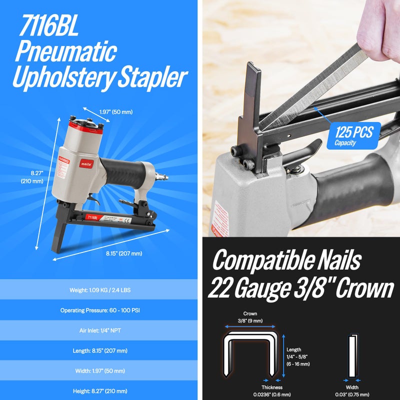 meite 7116BL Pneumatic Upholstery Stapler with Long Nose-1/4-Inch to 5/8-Inch 22 Gauge 3/8'' Crown Fine Wire Stapler - Image 2
